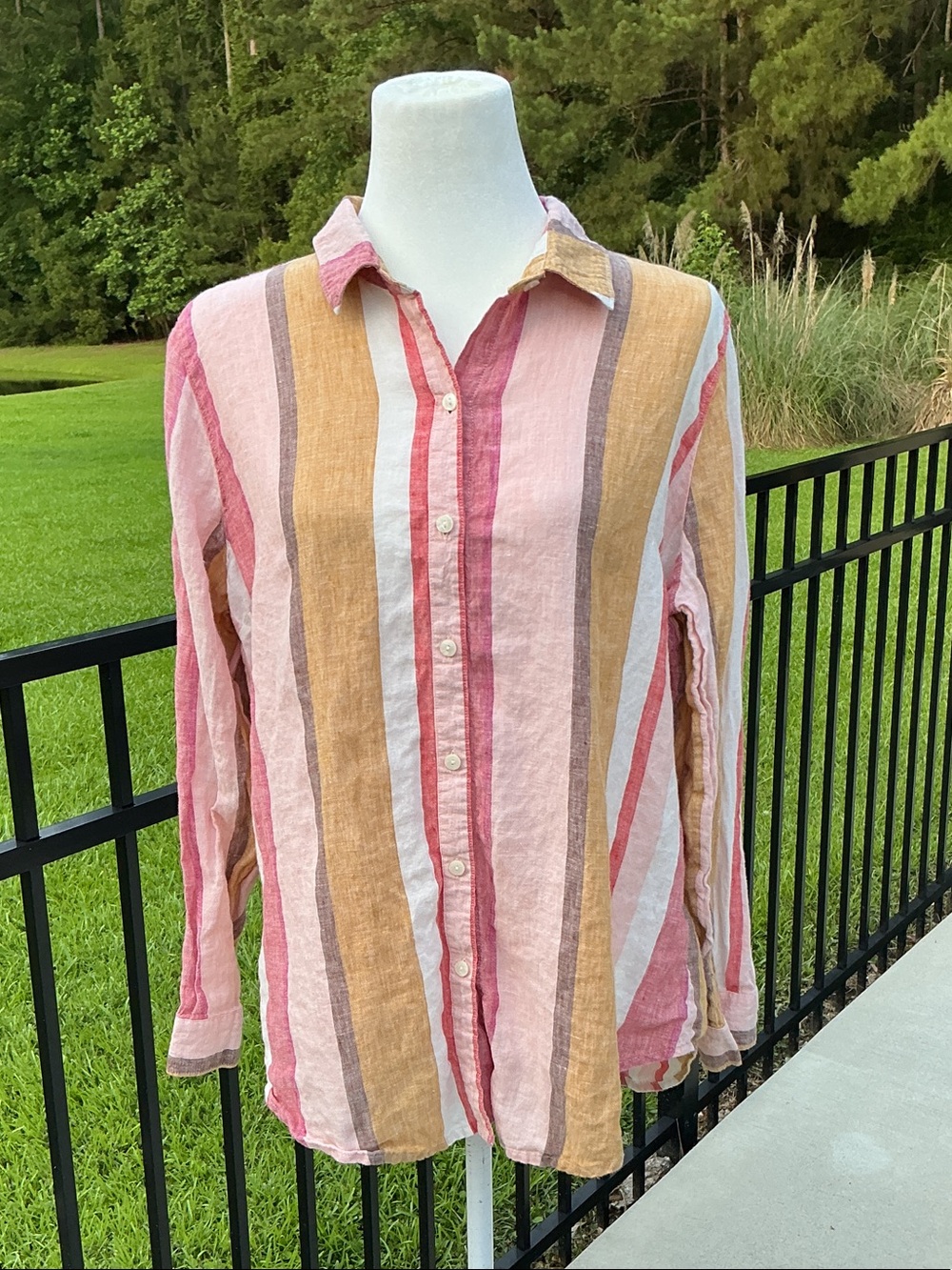 Spartina 449 Striped Linen Button-Up in Pink, Mustard & White